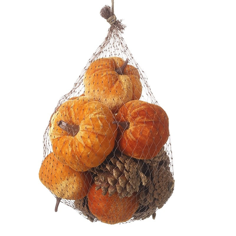 Velvet Pumpkins With Pine Cones Set